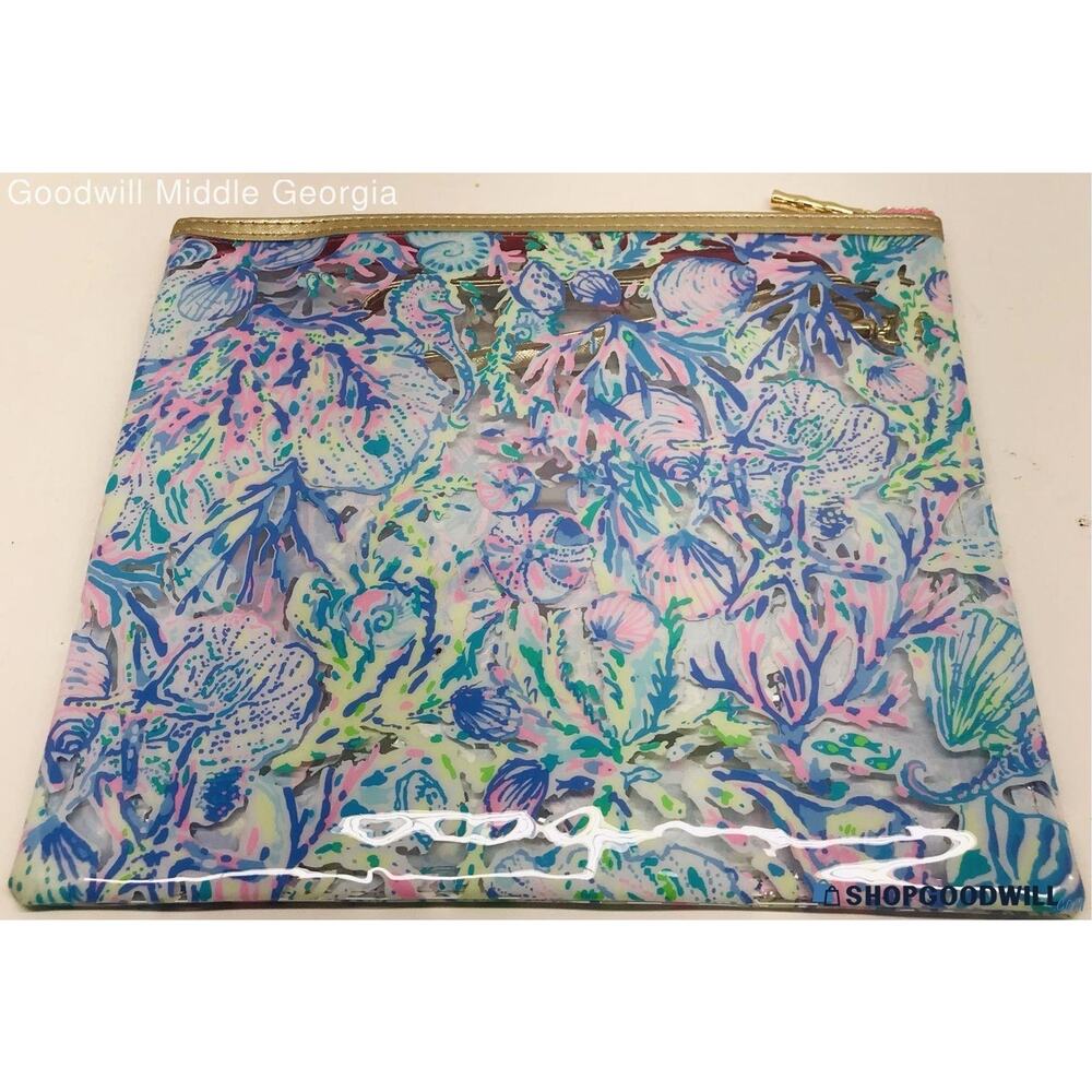 Lilly Pulitzer Blue Floral Hidden Lion Mug Beach Day Koozie Clear Pouch Set - Picture 7 of 10